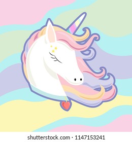 Caricatura tierna Unicorn en estilo plano para la ropa o como logotipo, placa, icono, tarjeta, afiche, tatuaje, invitación, plantilla de banner. Ilustración vectorial. Chica, pancarta de moda femenina, impresa, diseño.  