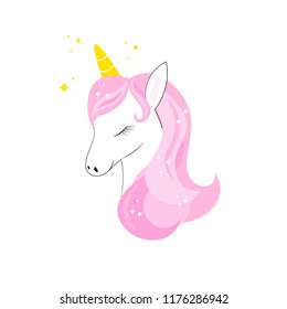 Unicorn cute cartoon in flat style for clothes or as logotype, badge, icon, card, poster, tattoo,  invitation, banner template. Vector illustration. Girl, woman fashion banner, print, design.  