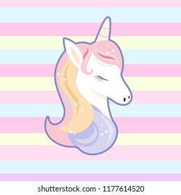 Unicorn cute cartoon in flat style for clothes or as logotype, badge, icon, card, poster, tattoo,  invitation, banner template. Vector illustration. Girl, woman fashion banner, print, design.  