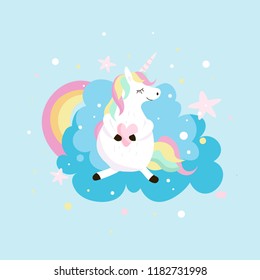 Unicorn cute cartoon in flat style for clothes or as logotype, badge, icon, card, poster, tattoo,  invitation, banner template. Vector illustration. Girl, woman fashion banner, print, design.