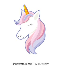 Unicorn cute cartoon in flat style for clothes or as logotype, badge, icon, card, poster, t-shirt, invitation, banner template. Vector illustration. Girl, woman fashion banner, print, design.