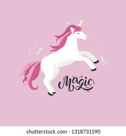 Unicorn cute cartoon in flat style for clothes  with lettering Magic. Good as icon, card, poster, t-shirt, invitation, banner template. Vector illustration. Girl, woman fashion print, design.  