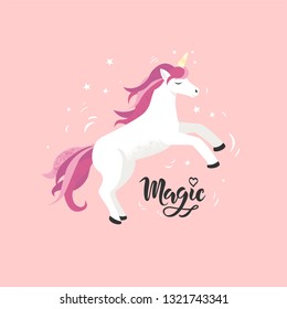 Unicorn cute cartoon in flat style for clothes  with lettering Magic. Good as icon, card, poster, t-shirt, invitation, banner template. Vector illustration. Girl, woman fashion print, design.  