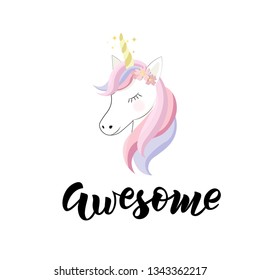 Unicorn cute cartoon in flat style with lettering for clothes. Logo, badge, icon, card, poster, t-shirt, invitation, banner template. Vector illustration. Girl, woman fashion banner, print, design.  