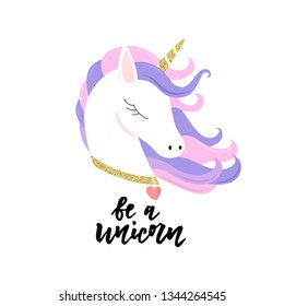 Unicorn cute cartoon in flat style for clothes or as logotype, badge, icon, card, poster, t-shirt, invitation, banner template. 
