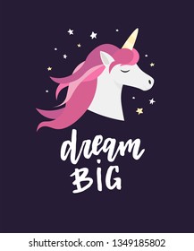 Unicorn cute cartoon in flat style with lettering for clothes. Logo, badge, icon, card, poster, t-shirt, invitation, banner template. Vector illustration. Girl, woman fashion banner, print, design.  