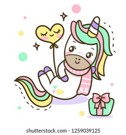 
Unicorn cute cartoon illustration: series Illustration of very cute fairytale pony (Happy new year/Christmas) - card and Print for t-shirt. Romantic hand drawing illustration for children.
