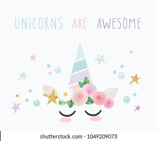 Unicorn cute catroon character. For birthday, baby shower, clothes and posters design. Vector