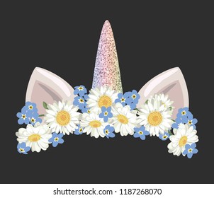 Unicorn cute catroon character with floral wreath and gold glitter element. For birthday, baby shower, clothes and posters design. Vector illustration.