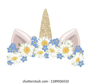 Unicorn cute catroon character with floral wreath and gold glitter element. For birthday, baby shower, clothes and posters design. Vector illustration.