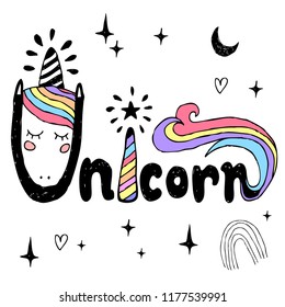 Unicorn Cute Character Hand Written Lettering Stock Vector (Royalty ...