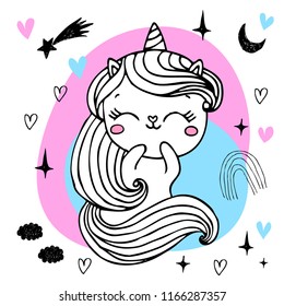 Unicorn cute character  for  postcard, print, card, invitation, flyer. Vector illustration