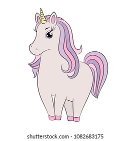 Unicorn cute doodle sketch, beautiful hair mane, colorful outline vector illustration for kids book, poster, decoration, card, game, girls wear print. Little calm stand pony horse, pet for princess. 