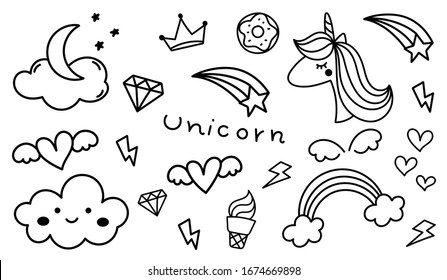 Unicorn and cute doodle vector set. Hand drawn Vector design element for kids and prints.