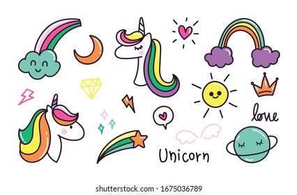 Unicorn and cute doodle vector set. Hand drawn Vector design element for kids and prints.