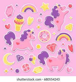 Unicorn cute elements collection. Balloons set. Unicorn, ice cream, rainbow, sweets, diamonds. Vector illustration