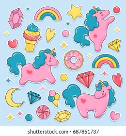 Unicorn cute elements collection. Balloons set. Unicorn, ice cream, rainbow, sweets, diamonds. Vector illustration