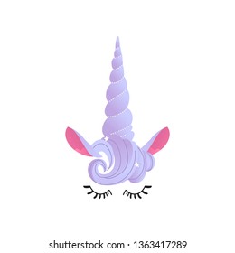Unicorn cute face vector illustration in cartoon style - pretty fantasy animal closed eyes with long eyelashes, purple horn with mane and ears isolated on white background.