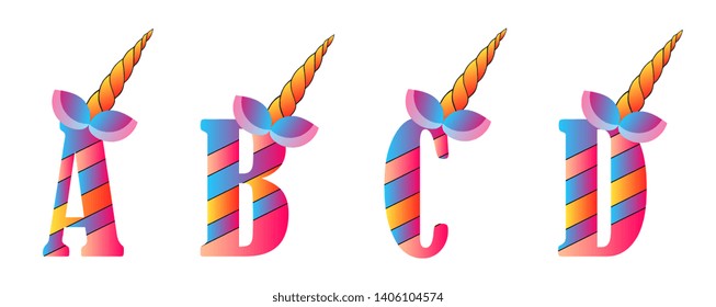 Unicorn cute fonts. Letters for decoration in unicorn birthday party.   Fun unicorn letter for little baby girl. 