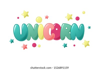 Unicorn cute funny lettering for kids t-shirts, game room, banner and children entertainment park. vector illustration isolated on white background.