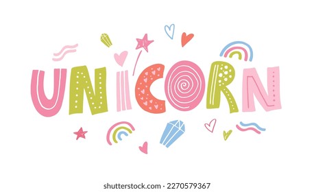 Unicorn - süße handgezeichnete doodle Schrift für T-Shirt-Design, Mug-Druck.