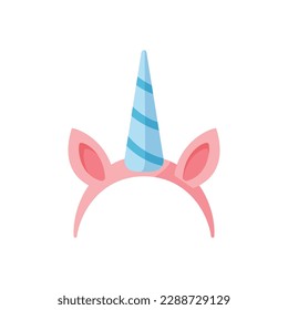 Unicorn cute horn and ears on headband, flat cartoon vector illustration isolated on white background. Unicorn hair bezel or band for carnival masks or photo apps.