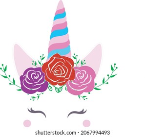 Unicorn cute illustration - card and shirt design. Cute unicorn character vector graphic design. Cartoon unicorn head with flower crown illustration for card and shirt design.