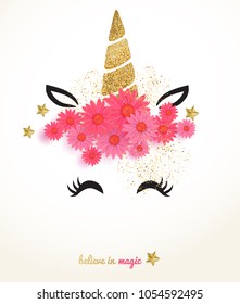 Unicorn cute illustration with golden glitter horn and flowers - card vector design