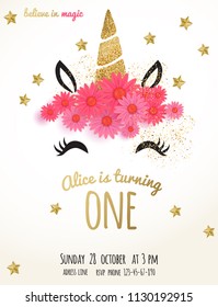 Unicorn cute illustration with golden glitter horn and flowers - card vector design