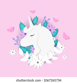 Unicorn cute illustration in paper art style. Magic unicorn and butterflies in a fairy forest. Paper cut design with unicorn for cards, poster or invitations.