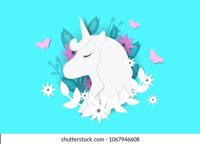 Unicorn cute illustration in paper art style. Magic unicorn and butterflies in a fairy forest. Paper cut design with unicorn for cards, poster or invitations.