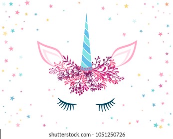 Unicorn cute illustration with stars - card and shirt print design. Funny unicorn print, trendy meme card. Colorful vector illustration with unicorn in pink magenta and cyan blue trendy colors.