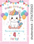 Unicorn cute illustration. Vector card design. Magical birthday party.