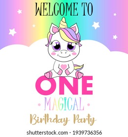 Unicorn cute illustration. Vector card design. Magical birthday party.
