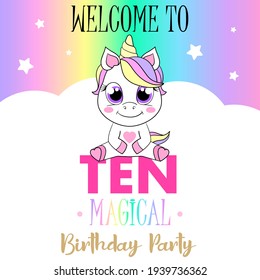 Ilustración linda de Unicorn. Diseño de tarjetas vectoriales. Festividad mágica de cumpleaños.
