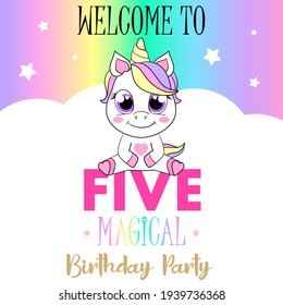 Unicorn cute illustration. Vector card design. Magical birthday party.
