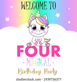 Ilustración linda de Unicorn. Diseño de tarjetas vectoriales. Festividad mágica de cumpleaños.
