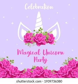 Unicorn cute illustration. Vector card design. Magical birthday party.
