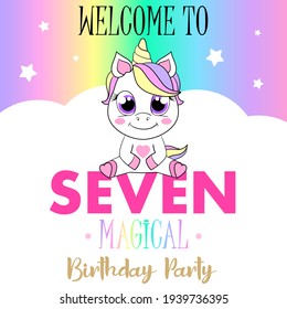 Unicorn cute illustration. Vector card design. Magical birthday party.
