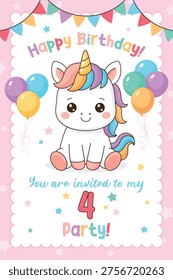 Unicorn cute illustration. Vector card design. Magical birthday party.