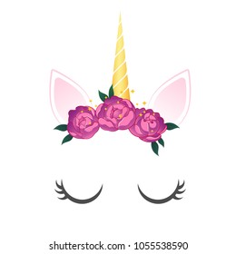 Unicorn cute illustration. Unicorn with 
wreath. Card, shirt, party, wedding design
