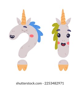 Unicorn Cute Interrogation and Exclamation Mark with Smiling Face and Twisted Horn Vector Set