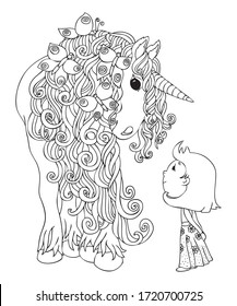 Unicorn with cute little girl. Hand drawn fantasy horse. Sketch for anti-stress adult coloring book in zen-tangle style. Vector illustration  for coloring page.