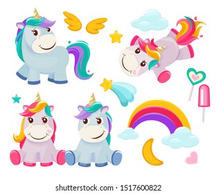 Unicorn. Cute magic animals happy birthday symbols little pony baby horse vector colored cartoon pictures