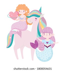 unicorn and cute mermaids with heart love adorable cartoon vector illustration