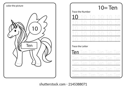 Unicorn Cute Number Colouring And Tracing Activity Book. Number Zero. Kids Worksheet