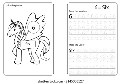 Unicorn Cute Number Colouring And Tracing Activity Book. Number Six. Kids Worksheet