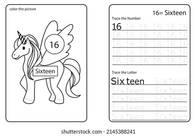 Unicorn cute Number colouring and tracing activity book. number sixteen. kids worksheet