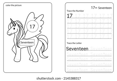 Unicorn cute Number Coloring and Tracing Activity Book. Nummer siebzehn. Kinderblatt