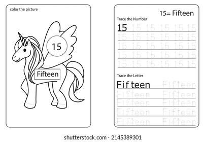 Unicorn cute Number colouring and tracing activity book. number fifteen. kids worksheet